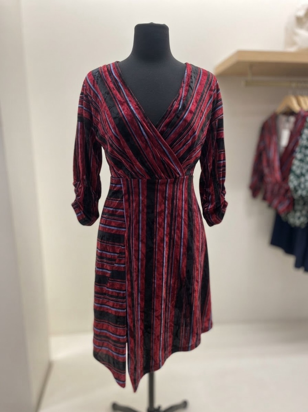 NY Collection Burgundy and Black Striped Velvet Wrap Midi Dress